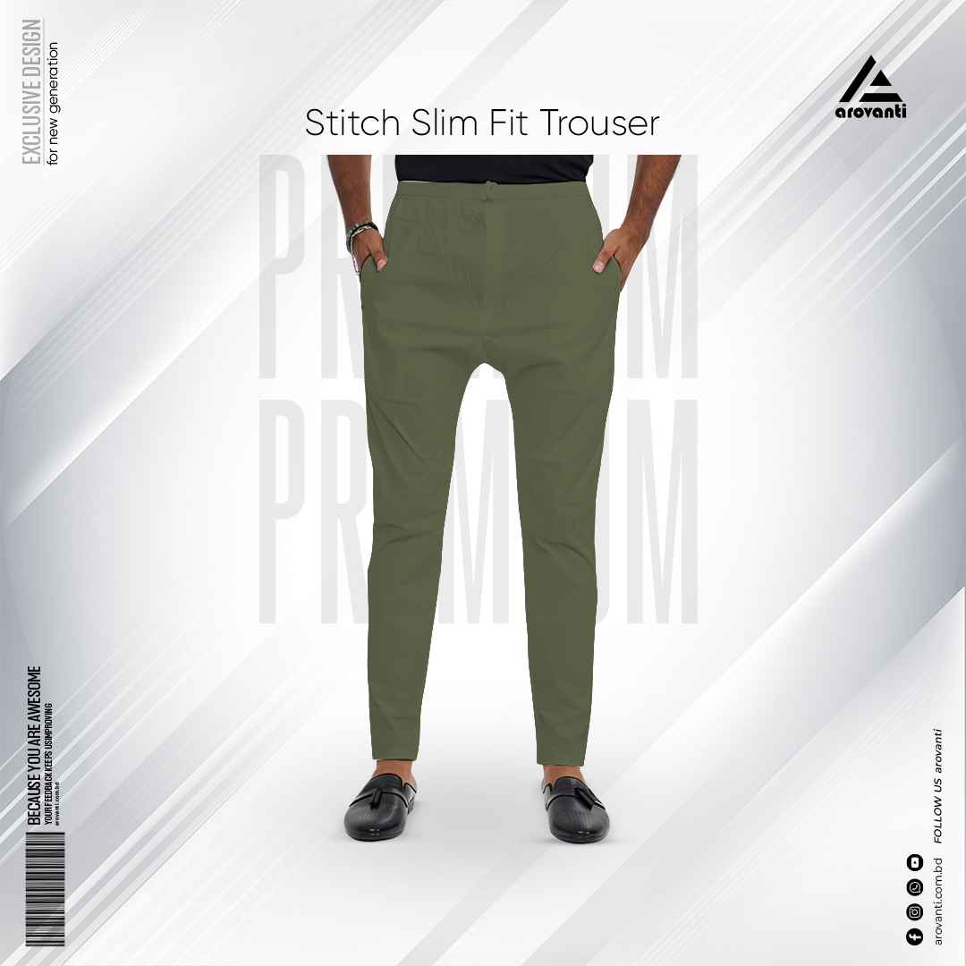Narrow  Slim Fit Stitch Solid Trouser - Olive